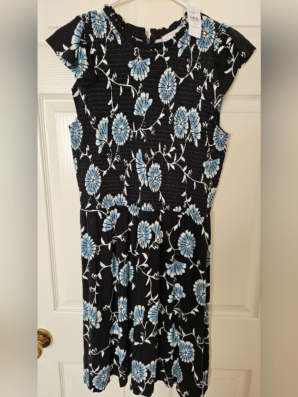 Loft Short Black Smocked Dress With Flowers, Size 12